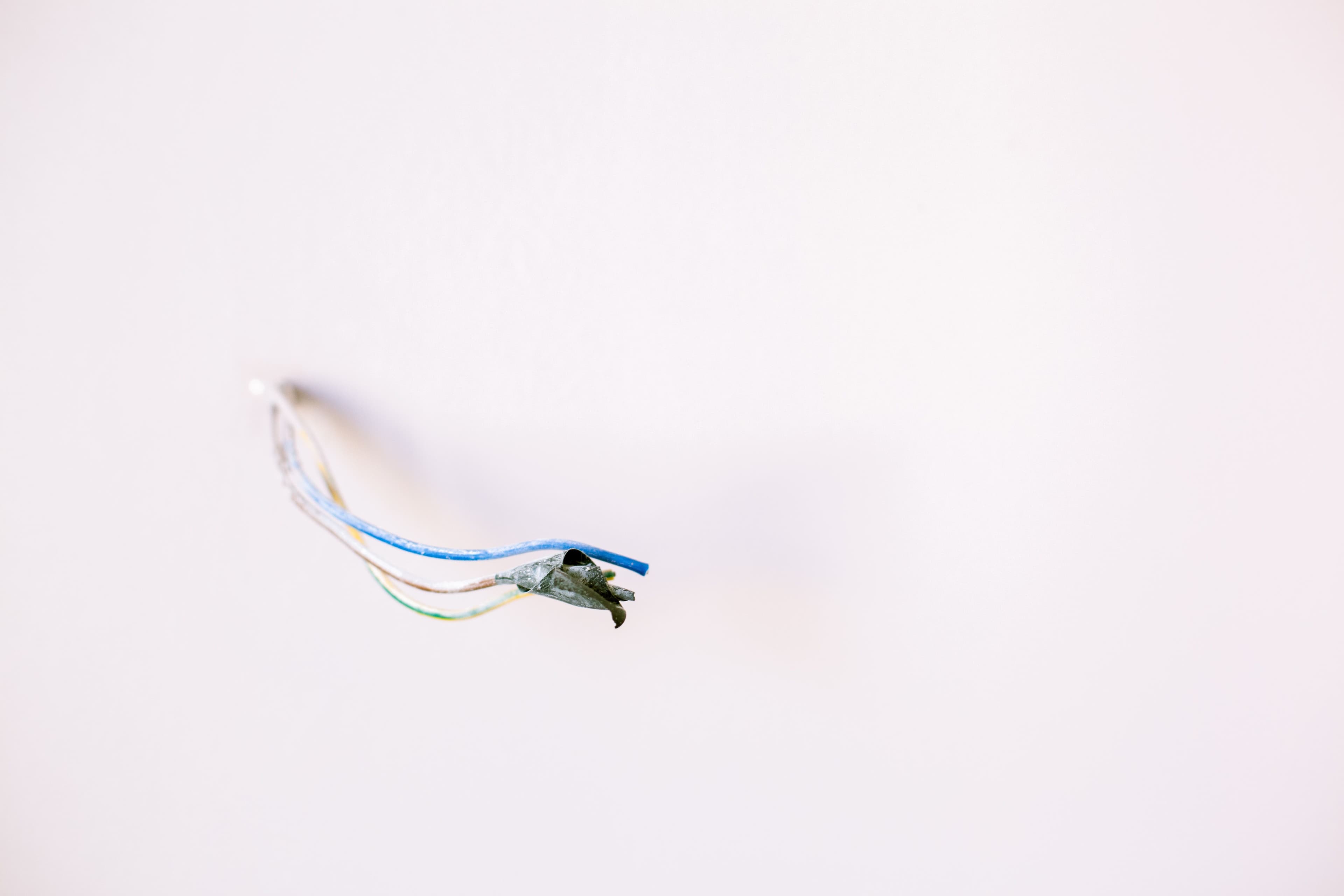 Loose electrical wires protruding from a white wall, ideal for home improvement concepts.