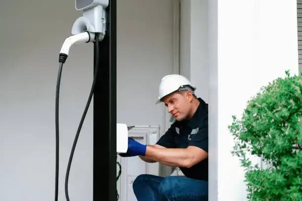 A qualified technician installs an electric vehicle charging station at home.